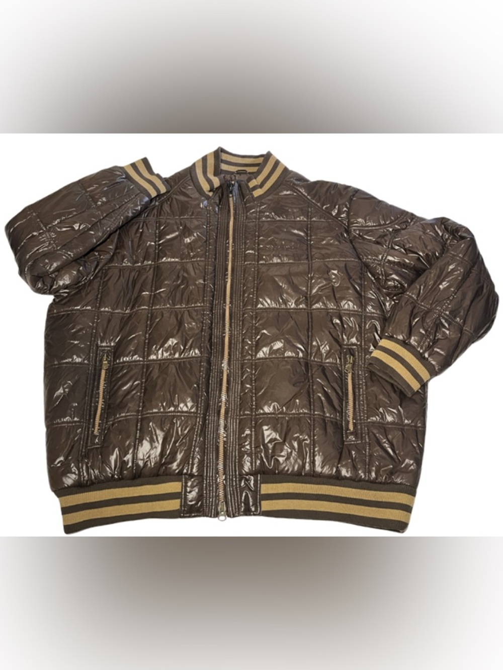 Sean John Quilted Puffer Jacket 5X Brown Tan Full Zip Striped Trim Streetwear